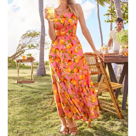 Talbots Plus 100% Cotton Tiered Maxi Dress Women Sz 3X/22W Lemons Oranges Cruise - Picture 8 of 9